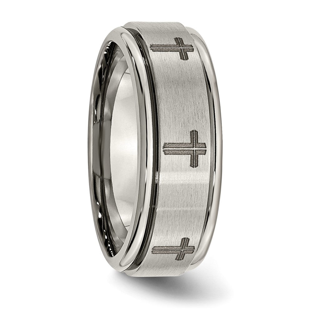 Chisel Titanium Brushed and Polished Cross Laser Design 8mm Ridged Edge Band