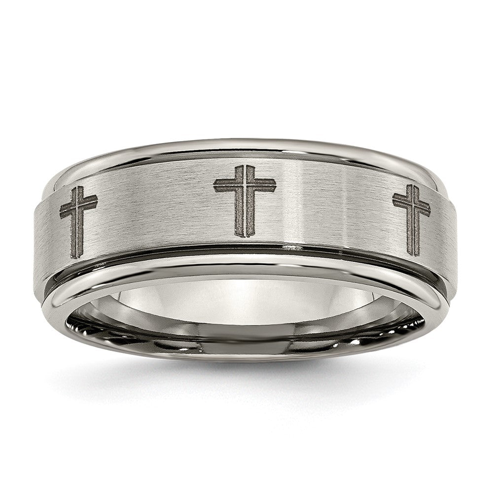 Chisel Titanium Brushed and Polished Cross Laser Design 8mm Ridged Edge Band