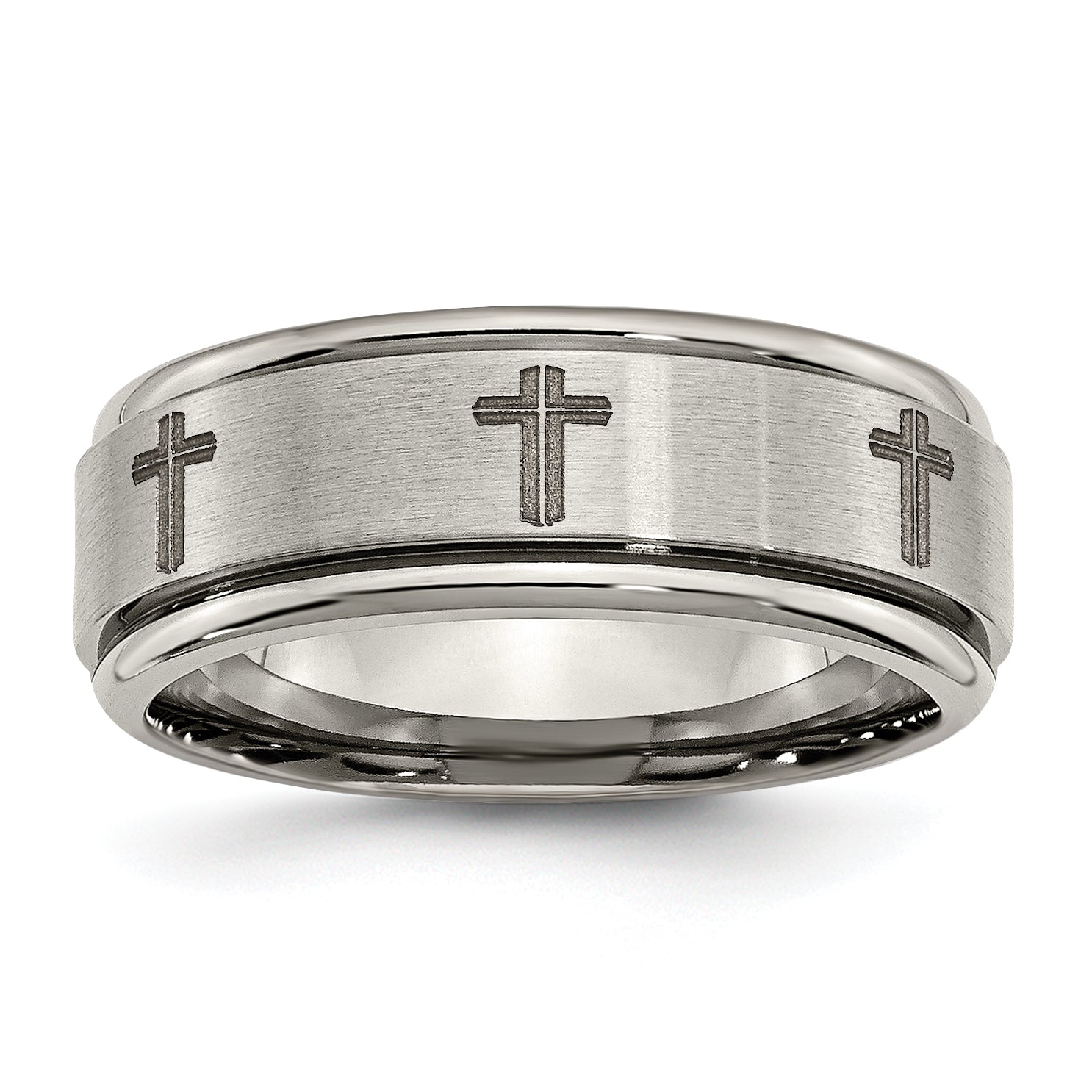 Chisel Titanium Brushed and Polished Cross Laser Design 8mm Ridged Edge Band