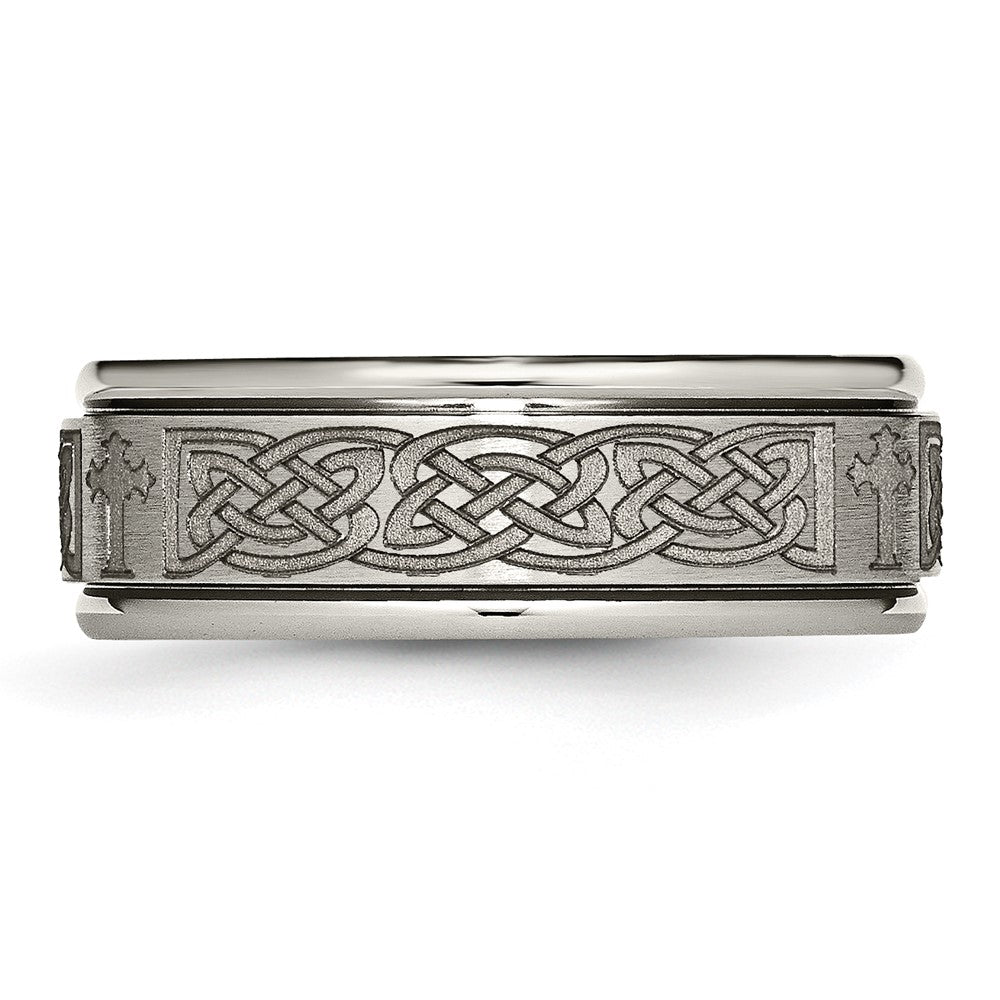 Chisel Titanium Brushed and Polished Cross Laser Design 8mm Ridged Edge Band