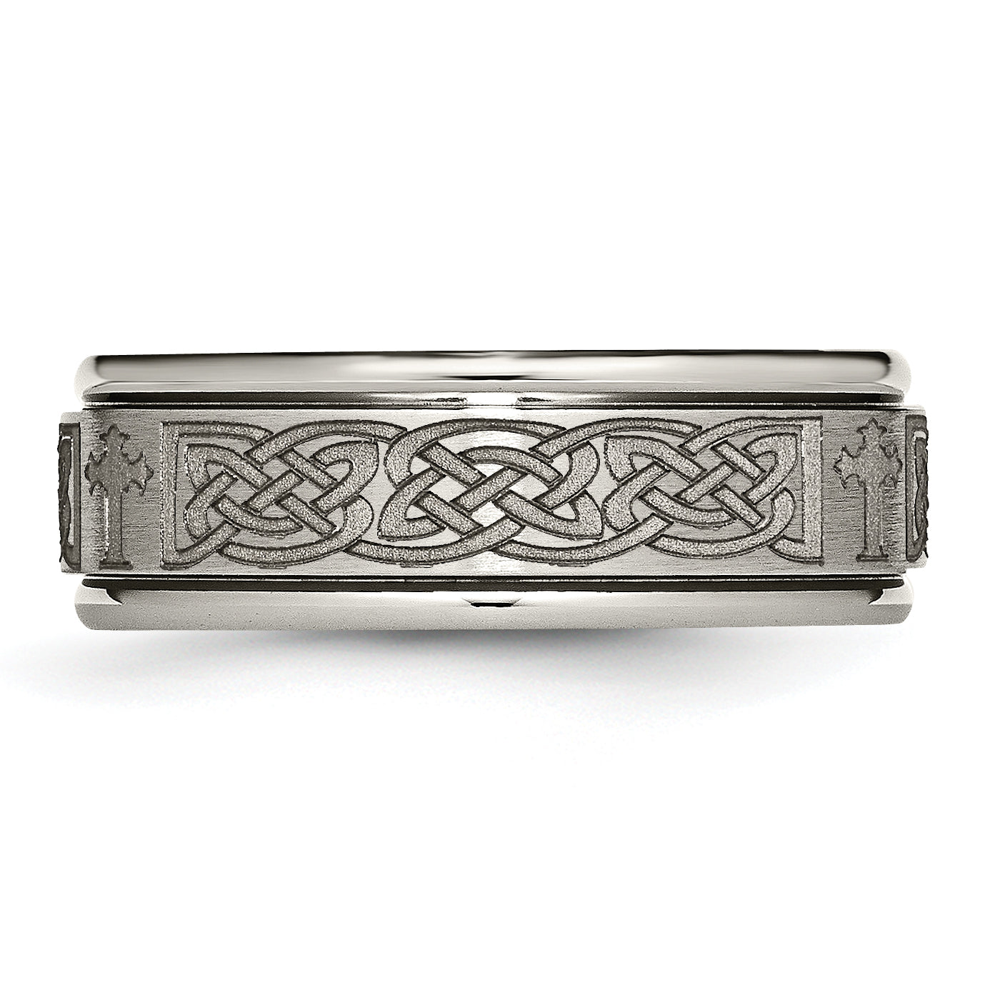 Chisel Titanium Brushed and Polished Cross Laser Design 8mm Ridged Edge Band