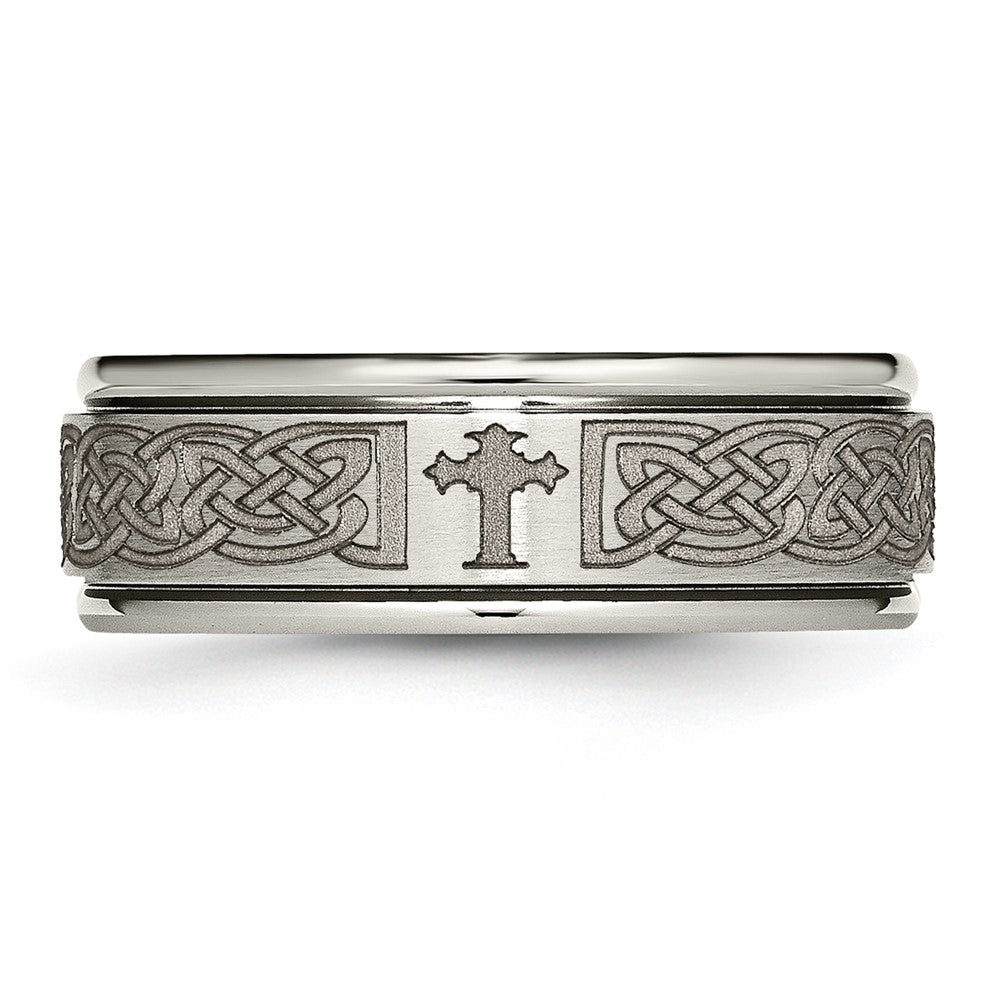 Chisel Titanium Brushed and Polished Cross Laser Design 8mm Ridged Edge Band