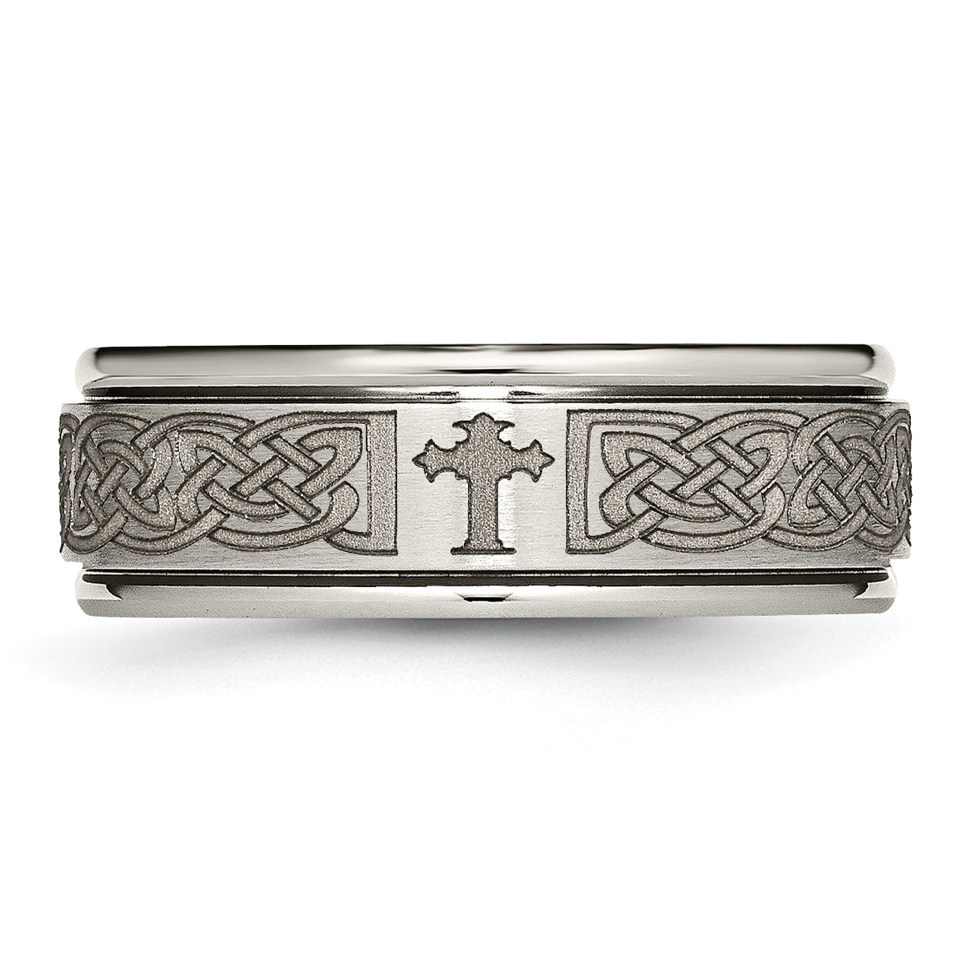 Chisel Titanium Brushed and Polished Cross Laser Design 8mm Ridged Edge Band