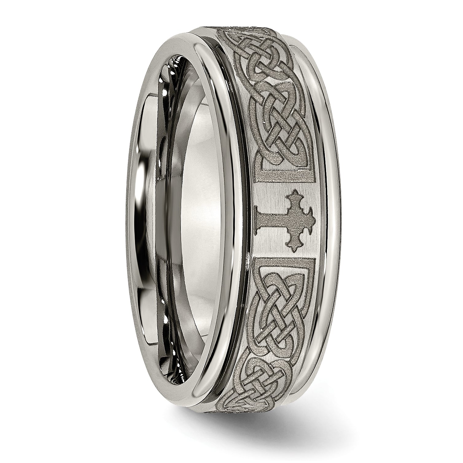 Chisel Titanium Brushed and Polished Cross Laser Design 8mm Ridged Edge Band