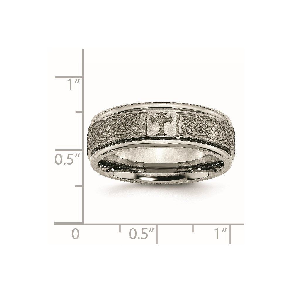Chisel Titanium Brushed and Polished Cross Laser Design 8mm Ridged Edge Band