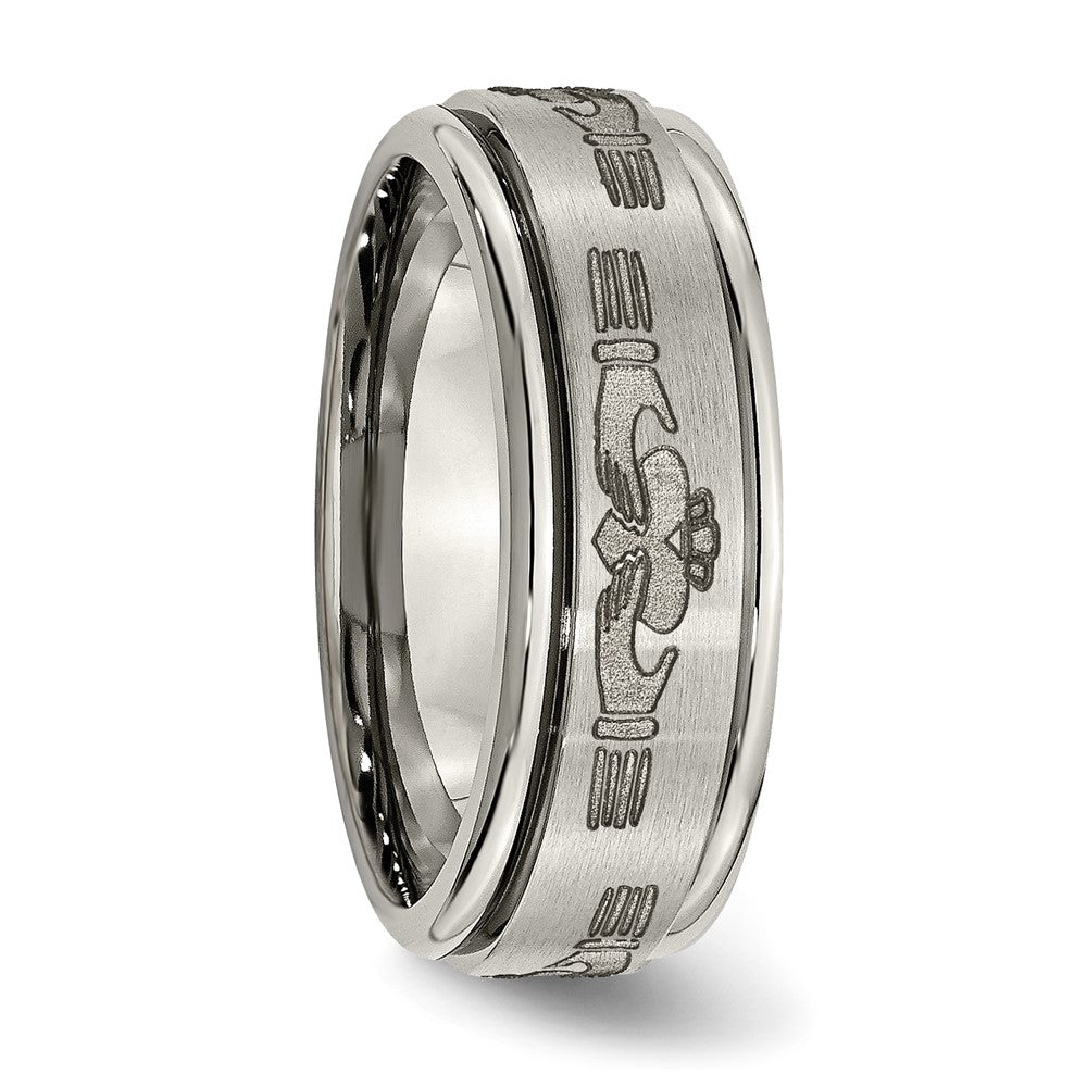 Chisel Titanium Brushed and Polished Claddagh Laser Design 8mm Ridged Edge Band