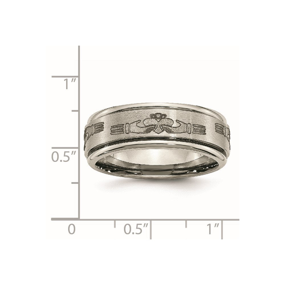 Chisel Titanium Brushed and Polished Claddagh Laser Design 8mm Ridged Edge Band