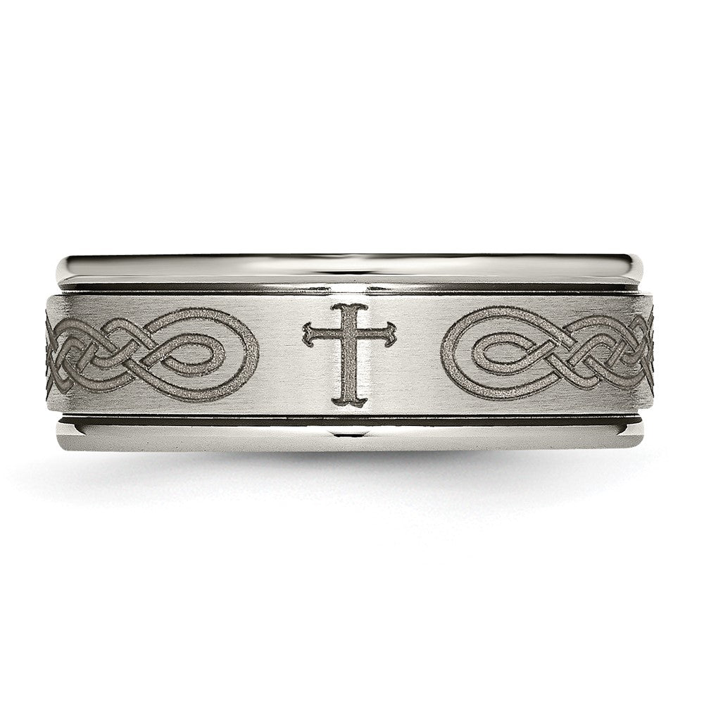 Chisel Titanium Brushed and Polished Cross Laser Design 8mm Ridged Edge Band