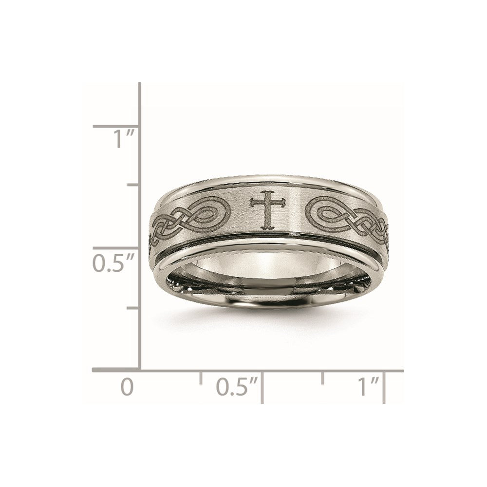 Chisel Titanium Brushed and Polished Cross Laser Design 8mm Ridged Edge Band