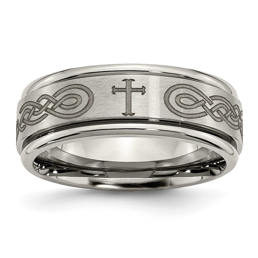 Chisel Titanium Brushed and Polished Cross Laser Design 8mm Ridged Edge Band