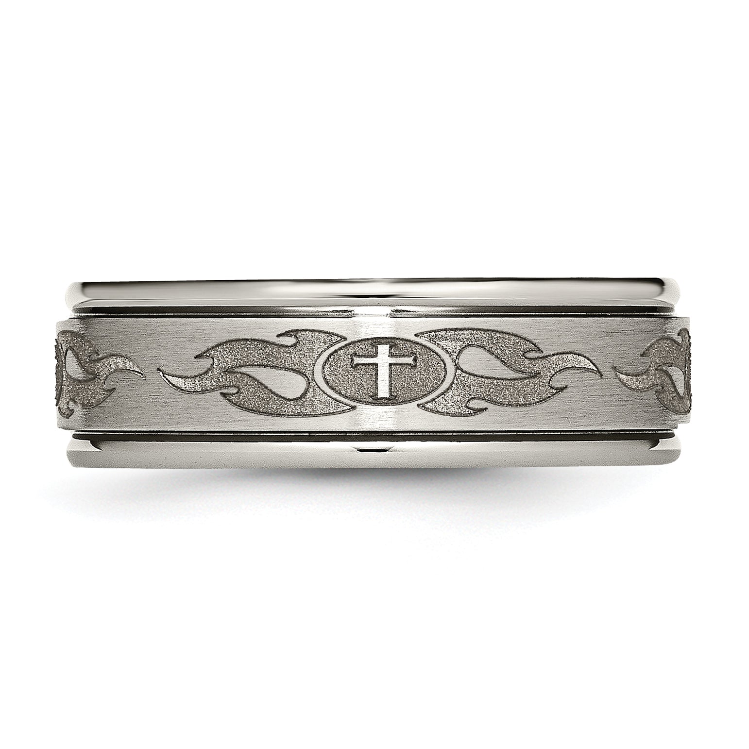 Chisel Titanium Brushed and Polished Cross Laser Design 8mm Ridged Edge Band