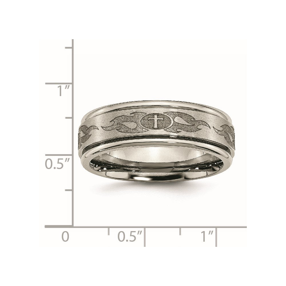 Chisel Titanium Brushed and Polished Cross Laser Design 8mm Ridged Edge Band