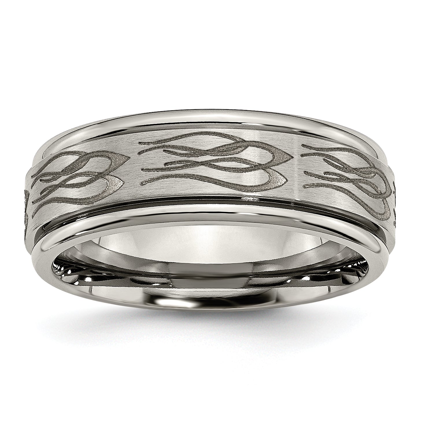 Chisel Titanium Brushed and Polished Flame Laser Design 8mm Ridged Edge Band