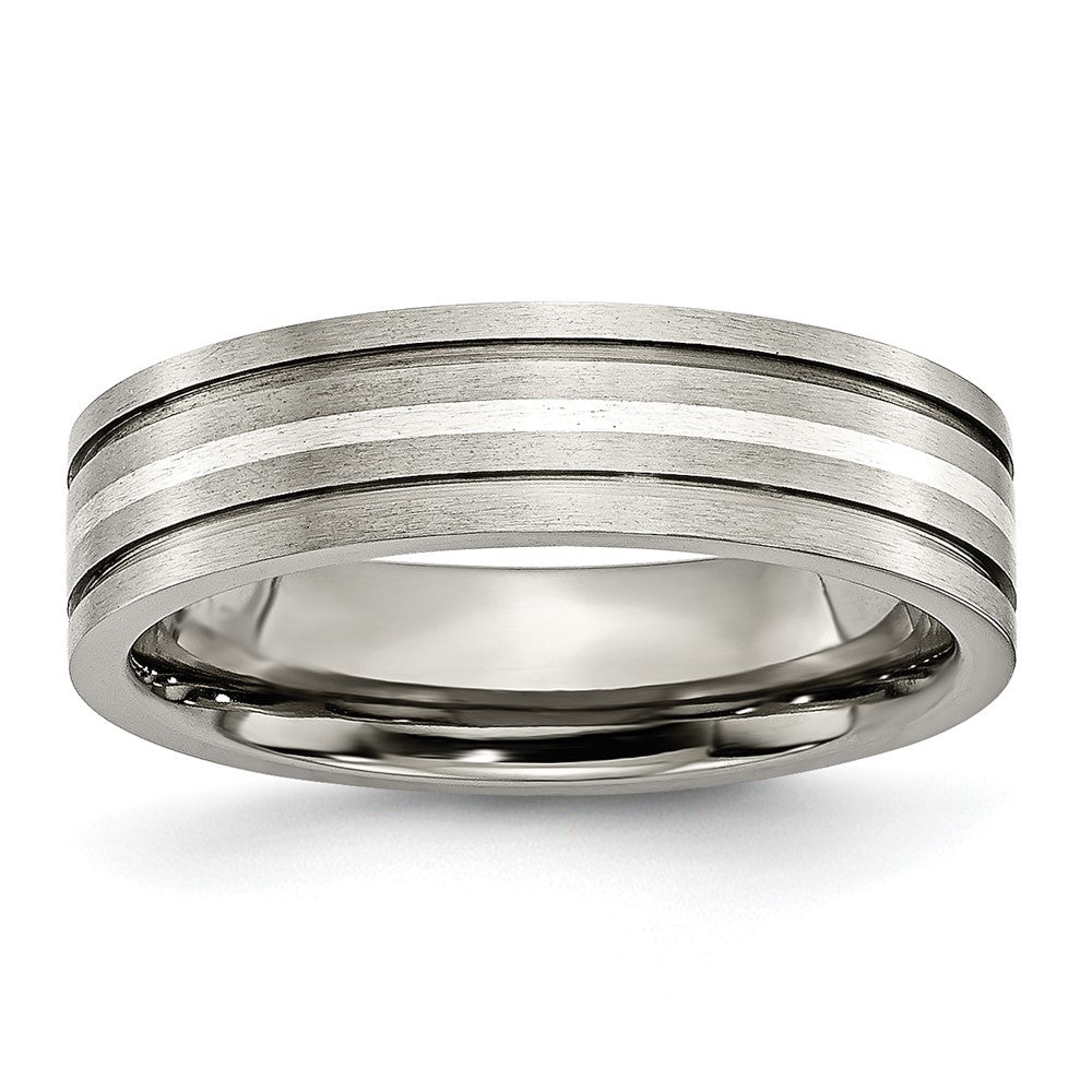 Chisel Titanium Brushed with Sterling Silver Inlay 6mm Grooved Band