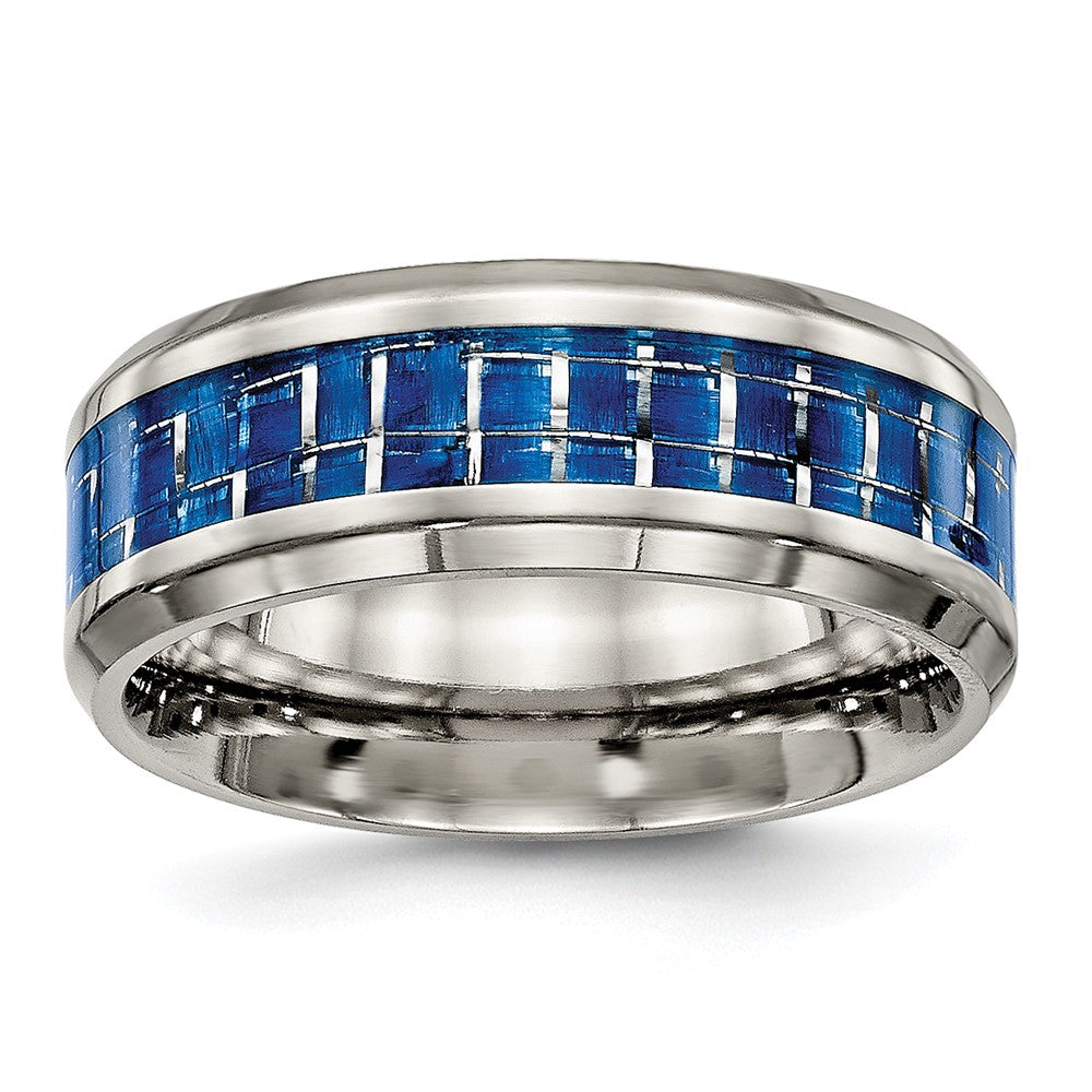 Chisel Titanium Polished with Blue and White Carbon Fiber Inlay 8mm Band