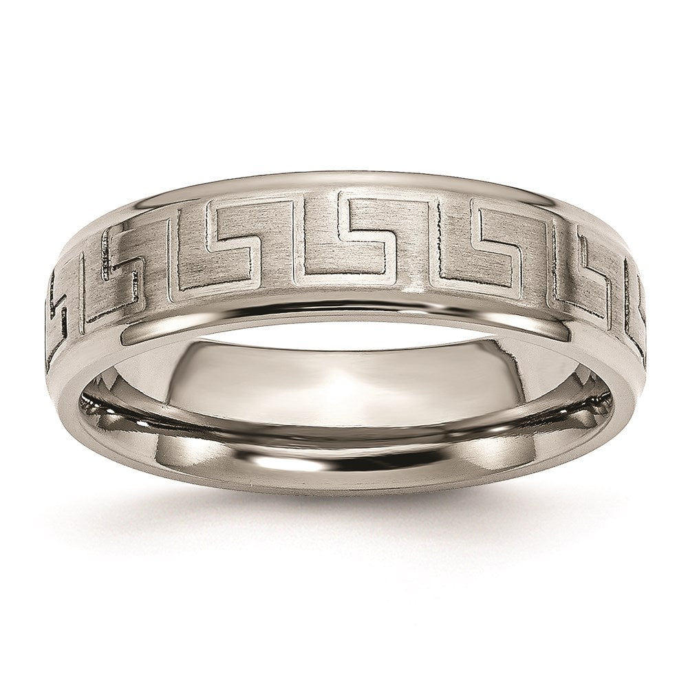 Titanium Ridged Edge Greek Key Design 6mm Satin/Polished Band
