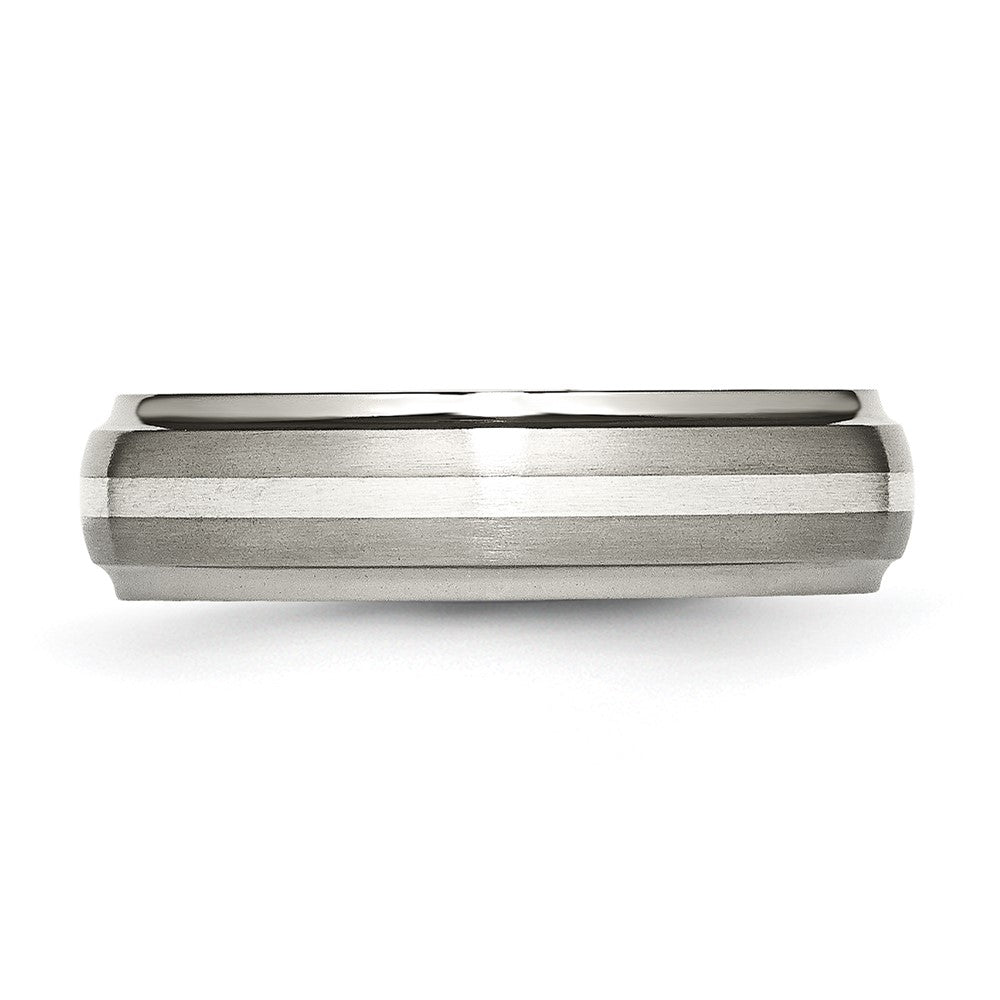 Chisel Titanium Brushed Center with Sterling Silver Inlay 6mm Ridged Edge Band