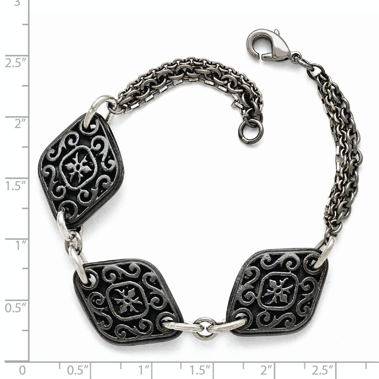 Titanium Sterling Silver Black Ti Polished & Etched 3-Charm Bracelet