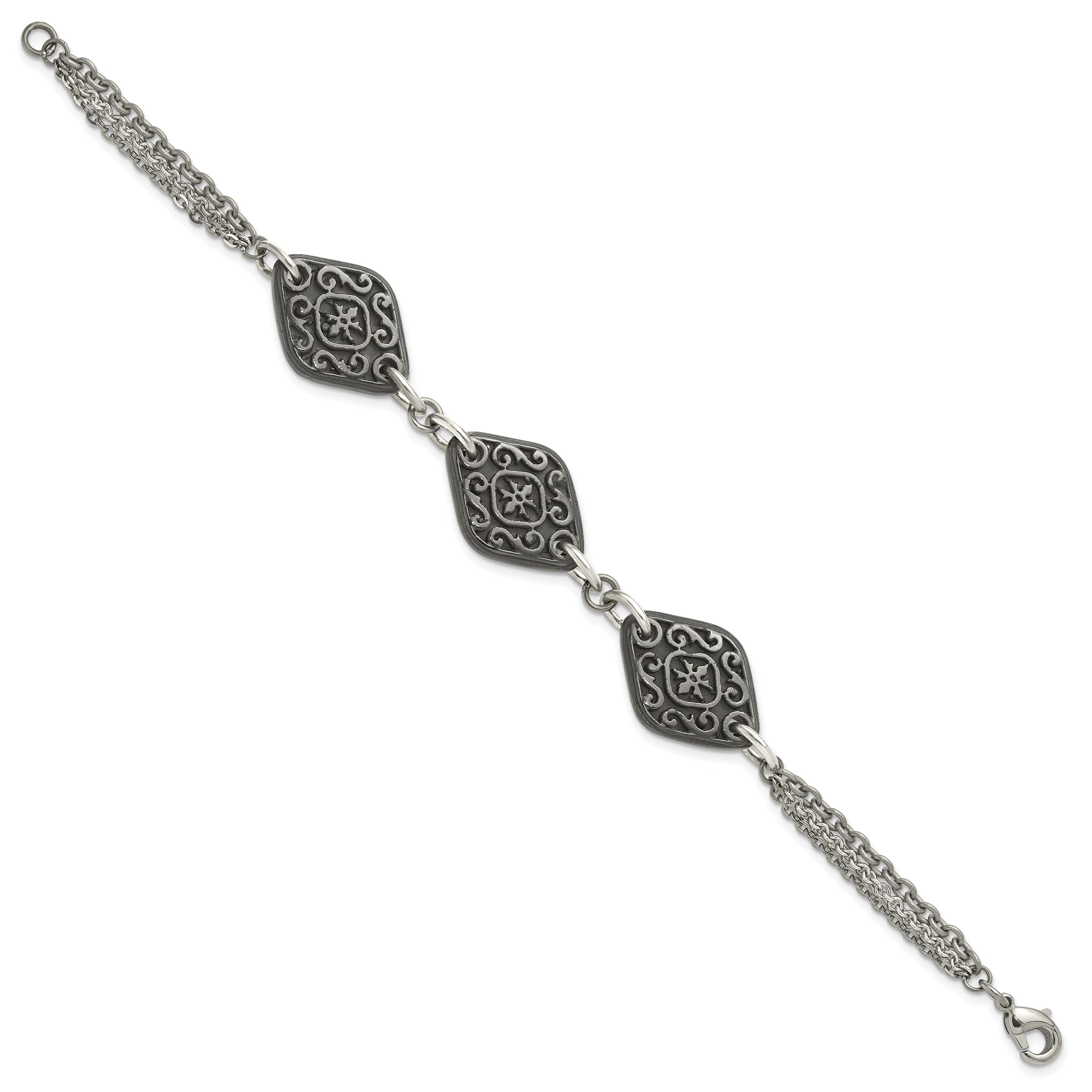 Titanium Sterling Silver Black Ti Polished & Etched 3-Charm Bracelet