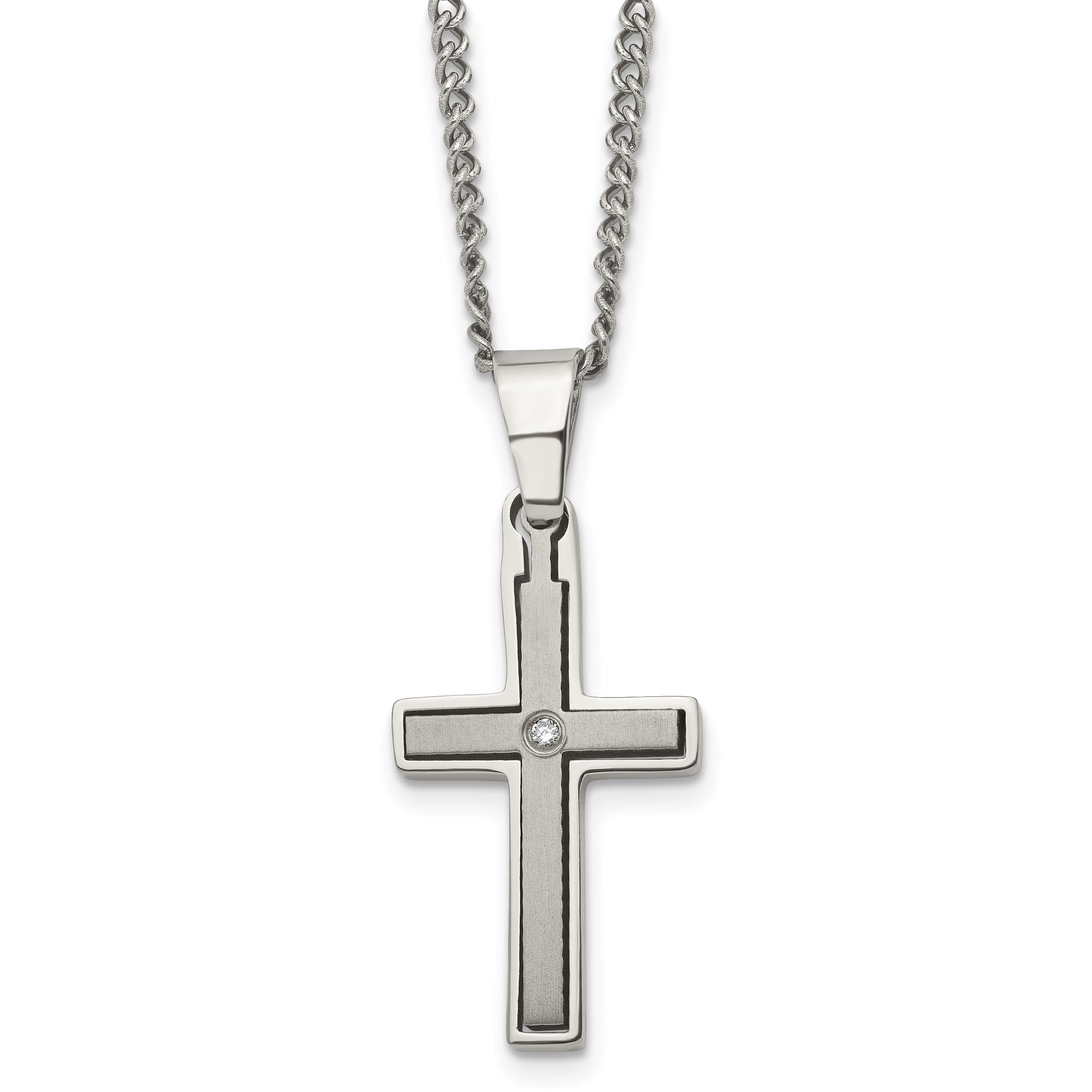Chisel Titanium Brushed and Polished with .03 carat Diamond Cross 22 inch Necklace