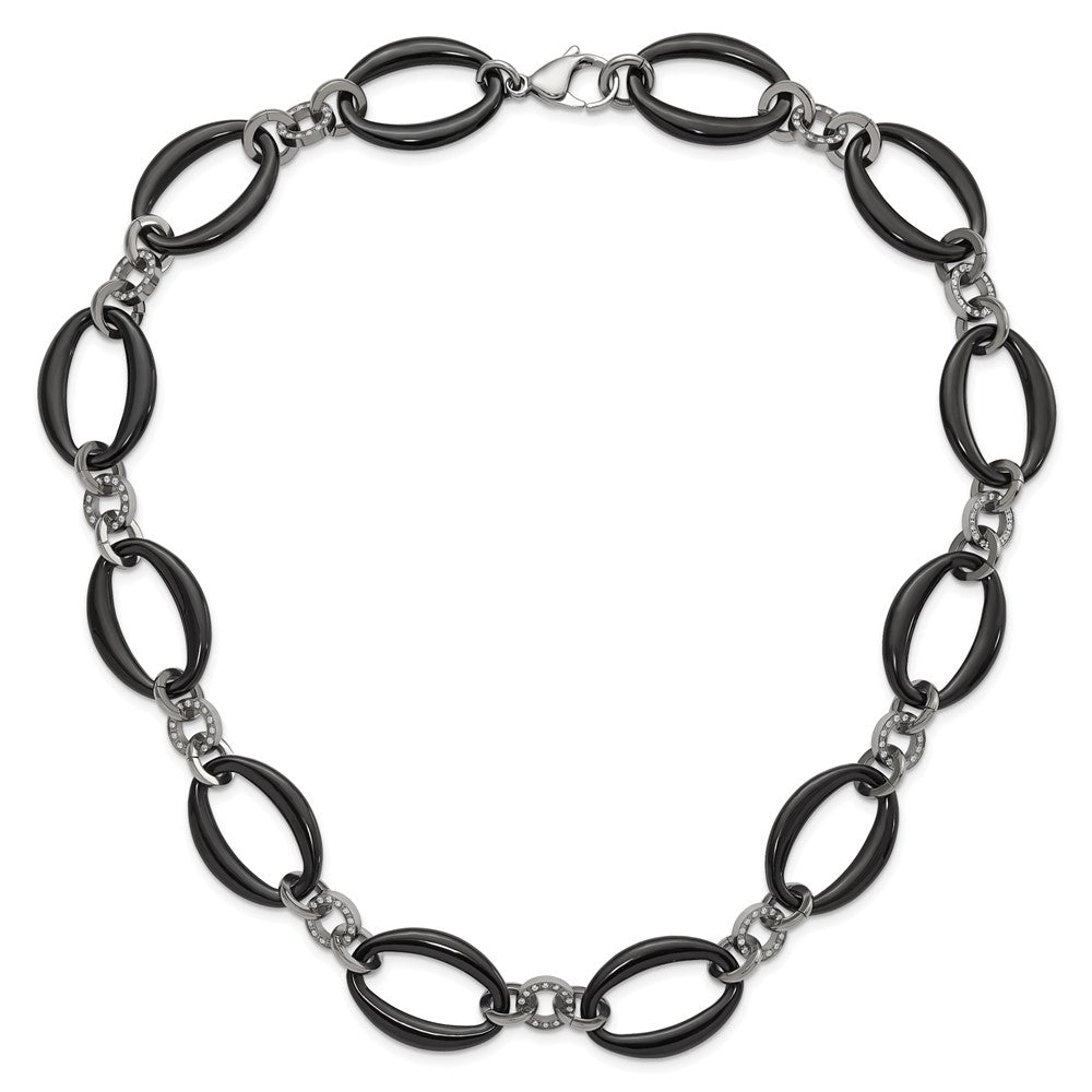 Titanium Polished Black IP-plated & CZ Oval Link Necklace