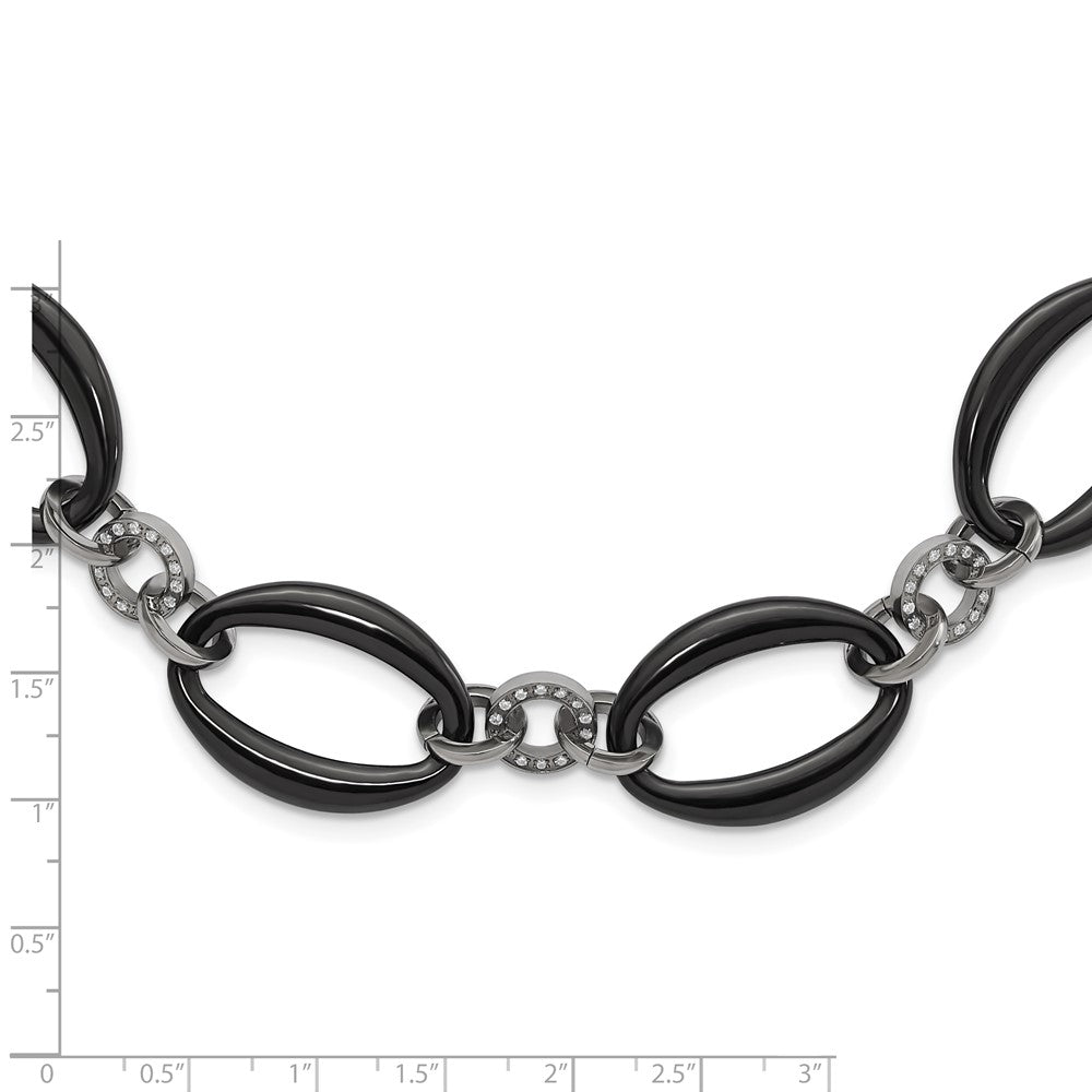 Titanium Polished Black IP-plated & CZ Oval Link Necklace