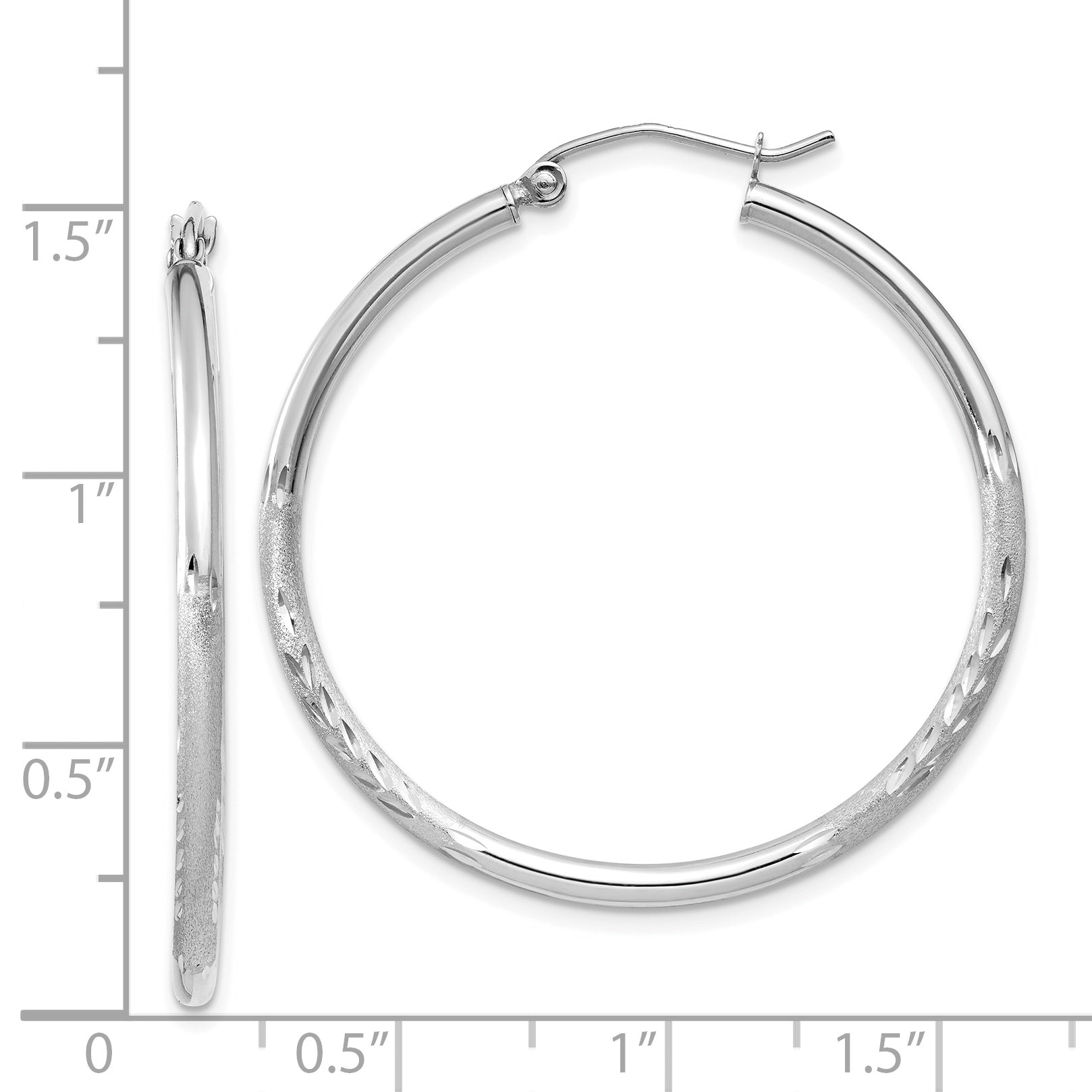 14k White Gold Satin and Diamond-cut 2mm Round Hoop Earrings