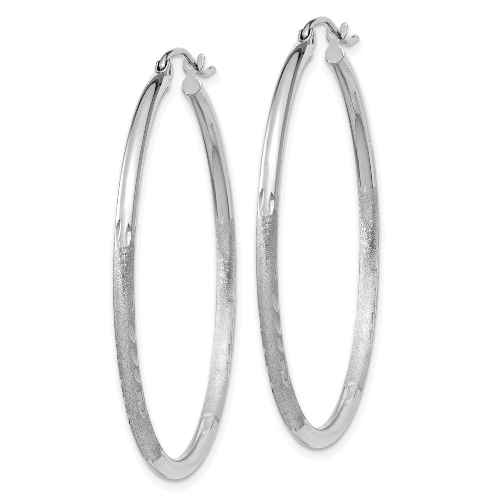 14k White Gold Satin and Diamond-cut 2mm Round Hoop Earrings
