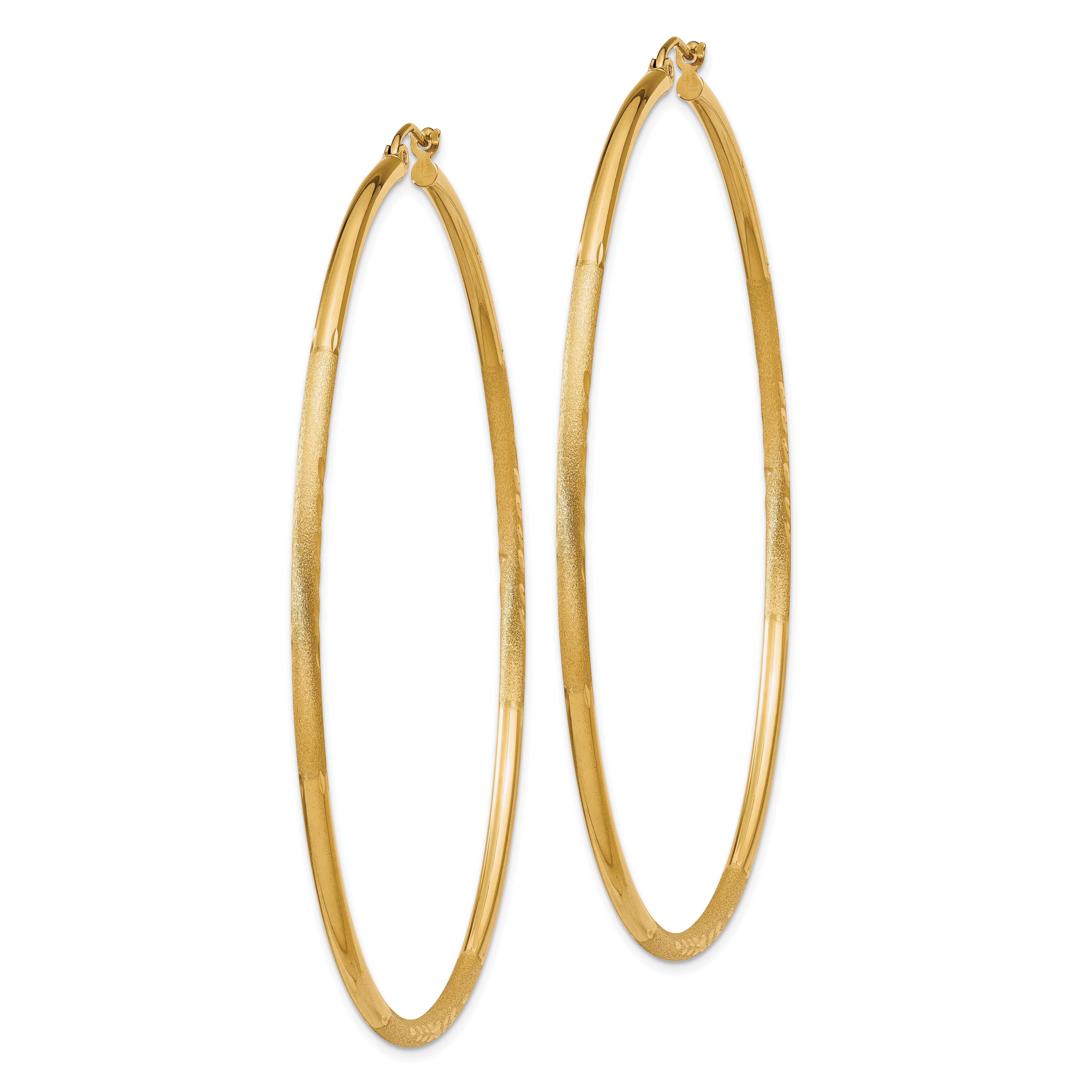 14k Satin and Diamond-cut 2mm Round Tube Hoop Earrings