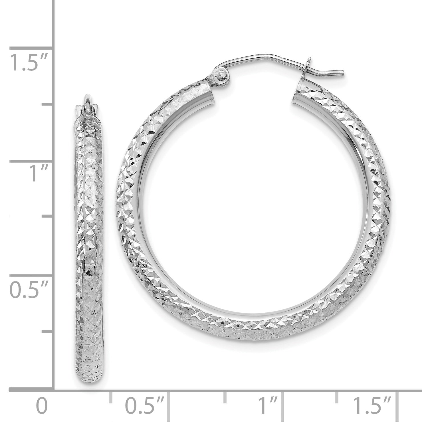 14k White Gold Diamond-cut 3mm Round Hoop Earrings