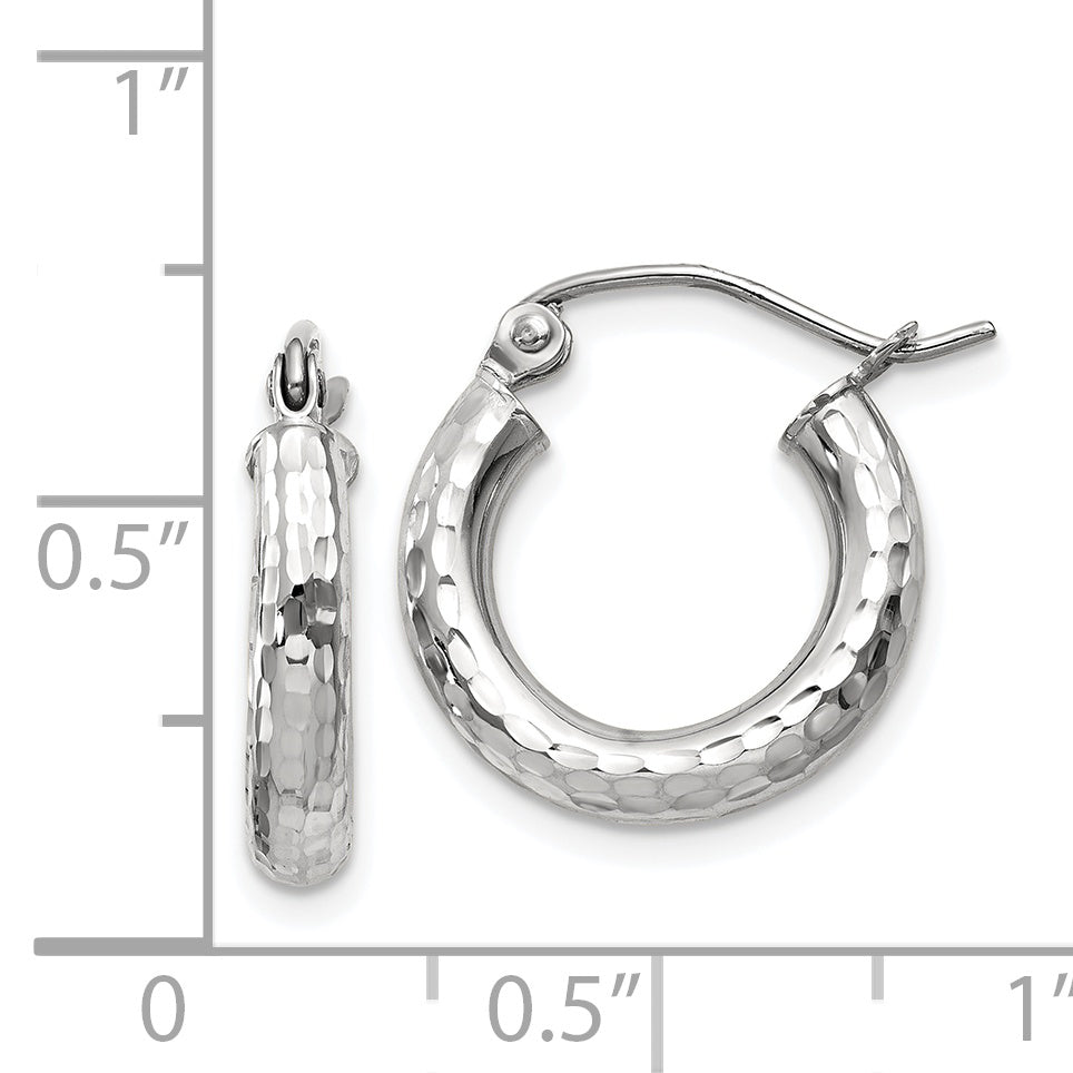 14k White Gold Diamond-cut 3mm Round Hoop Earrings