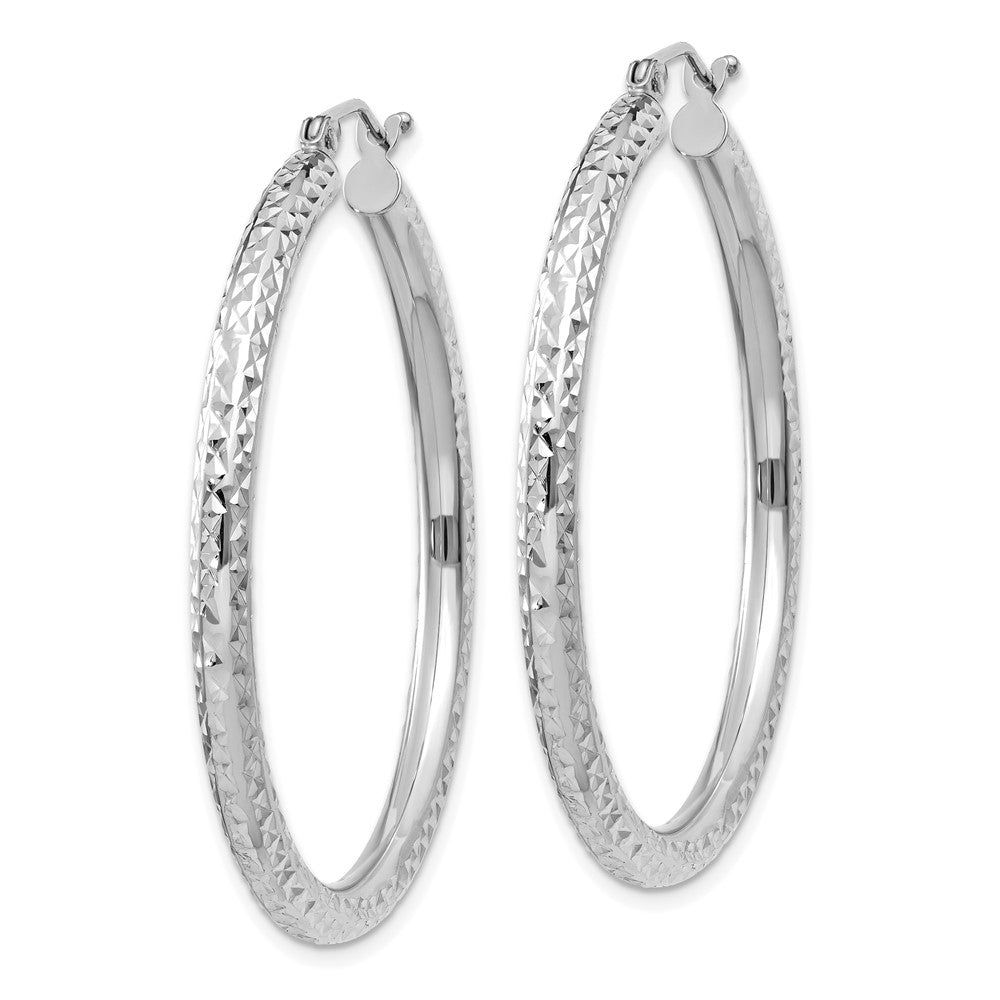 14k White Gold Diamond-cut 3mm Round Hoop Earrings