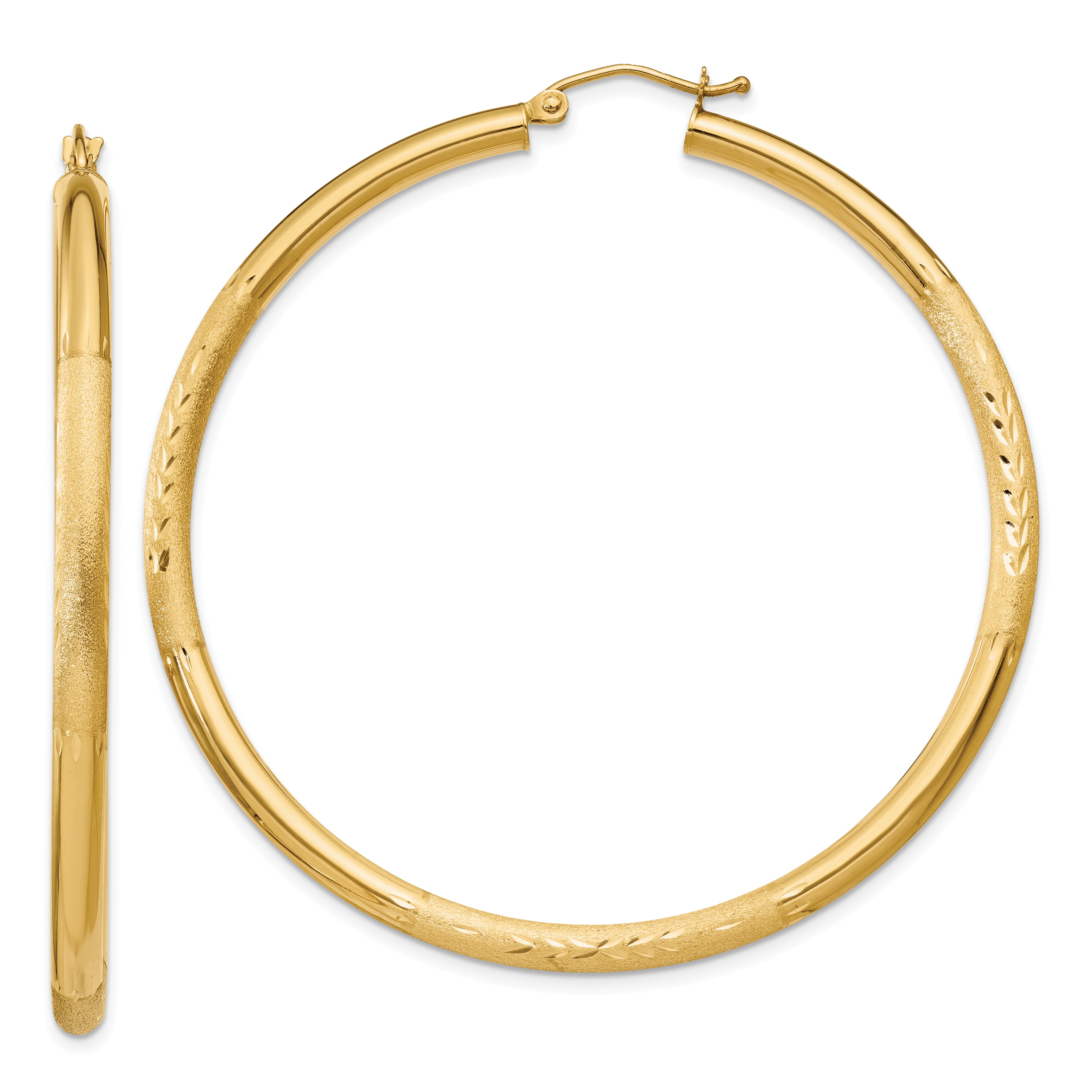 14k Satin and Diamond-cut 3mm Round Hoop Earrings