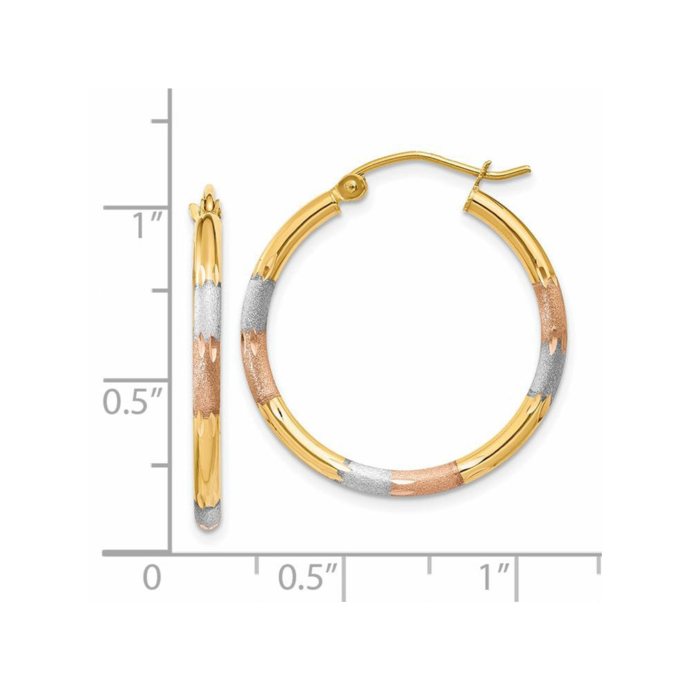 14K w/White and Rose Rhodium 2mm Satin & D/C Hoop Earrings