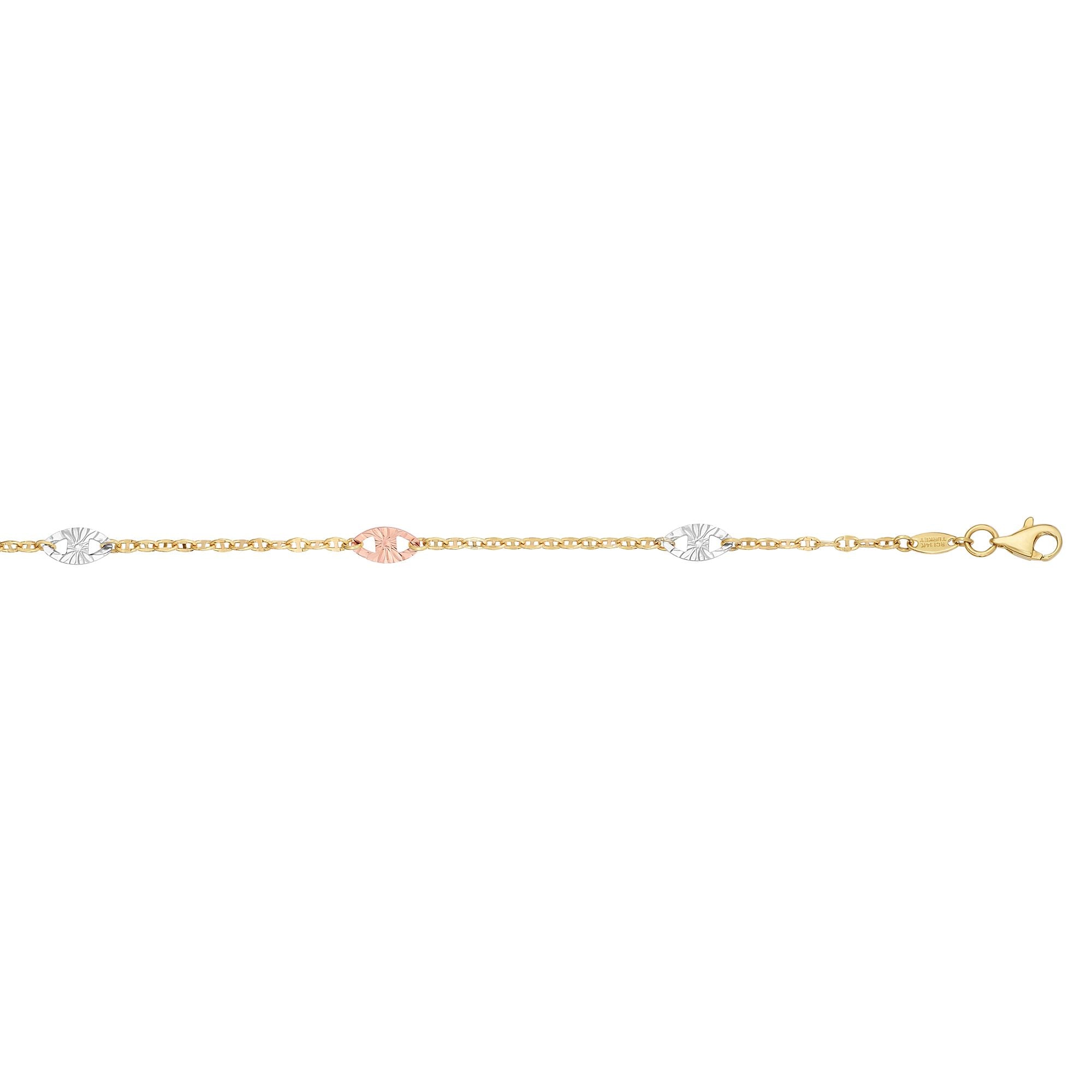 14K Tri-color Gold 10" Diamond Cut Anklet