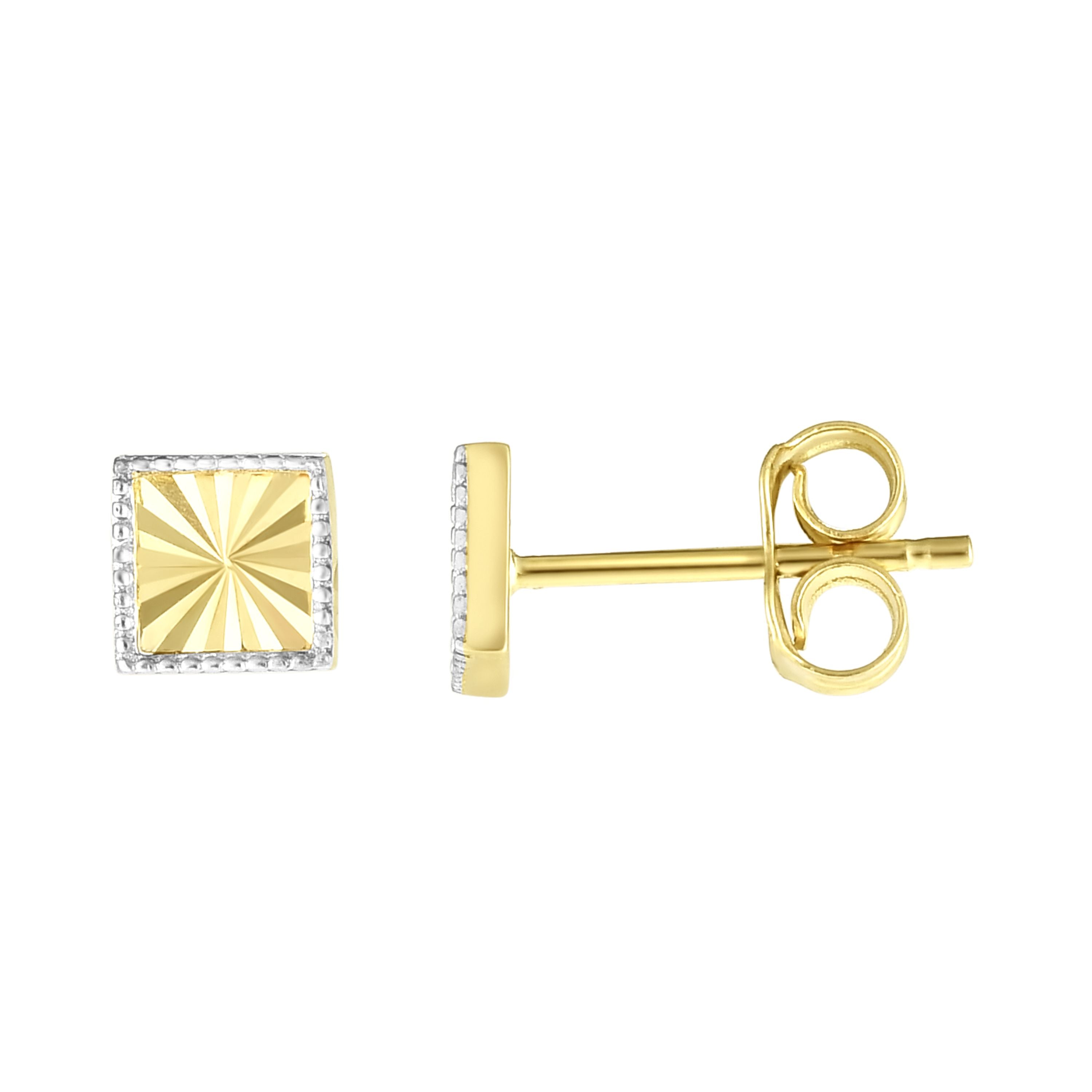 14K Yellow & White Gold Diamond Cut Square Stud Earring