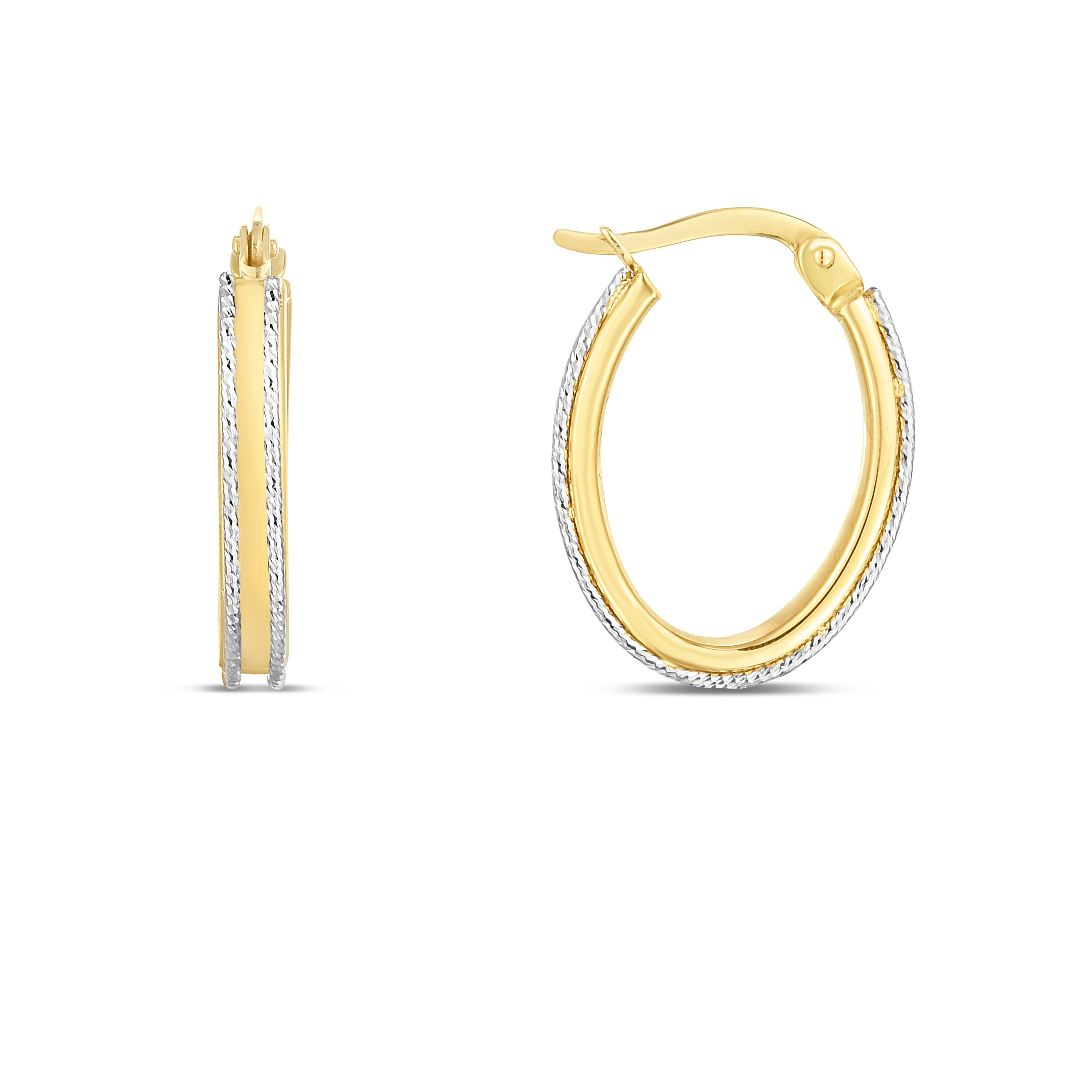 14K Two-Tone Gold Polished And Diamond Cut Oval Hoop Earrings With Hinged Clasp