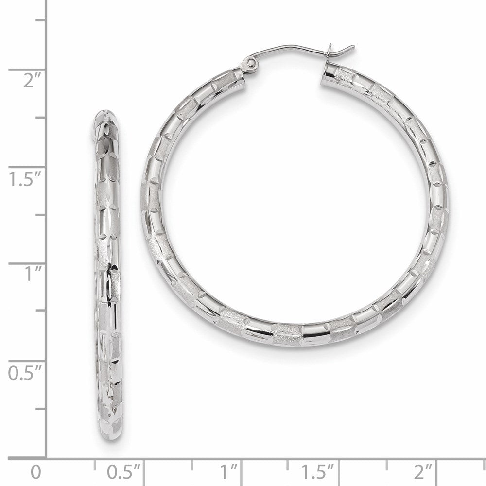 14k White Gold Polished Satin and Diamond-cut Hoop Earrings