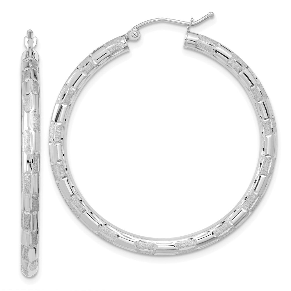 14k White Gold Polished Satin and Diamond-cut Hoop Earrings