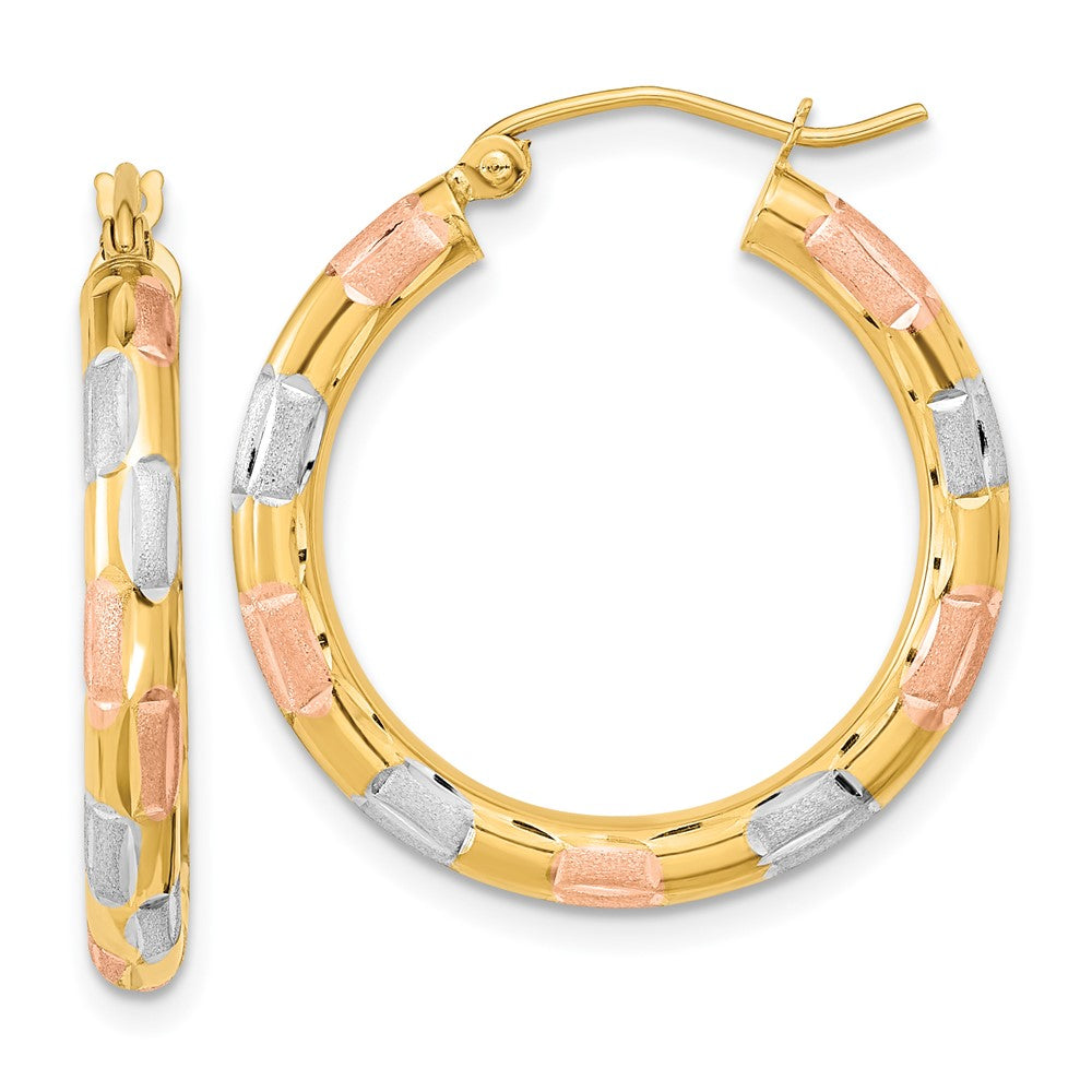 14k w/White and Rose Rhodium Polished Satin Diamond-cut Hoop Earrings