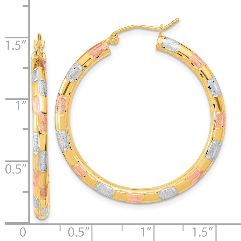 14k w/ White and Rose Rhodium Polished Satin Diamond-cut Hoop Earrings