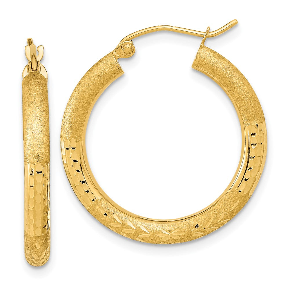 14k Polished Satin and Diamond-cut Hoop Earringss