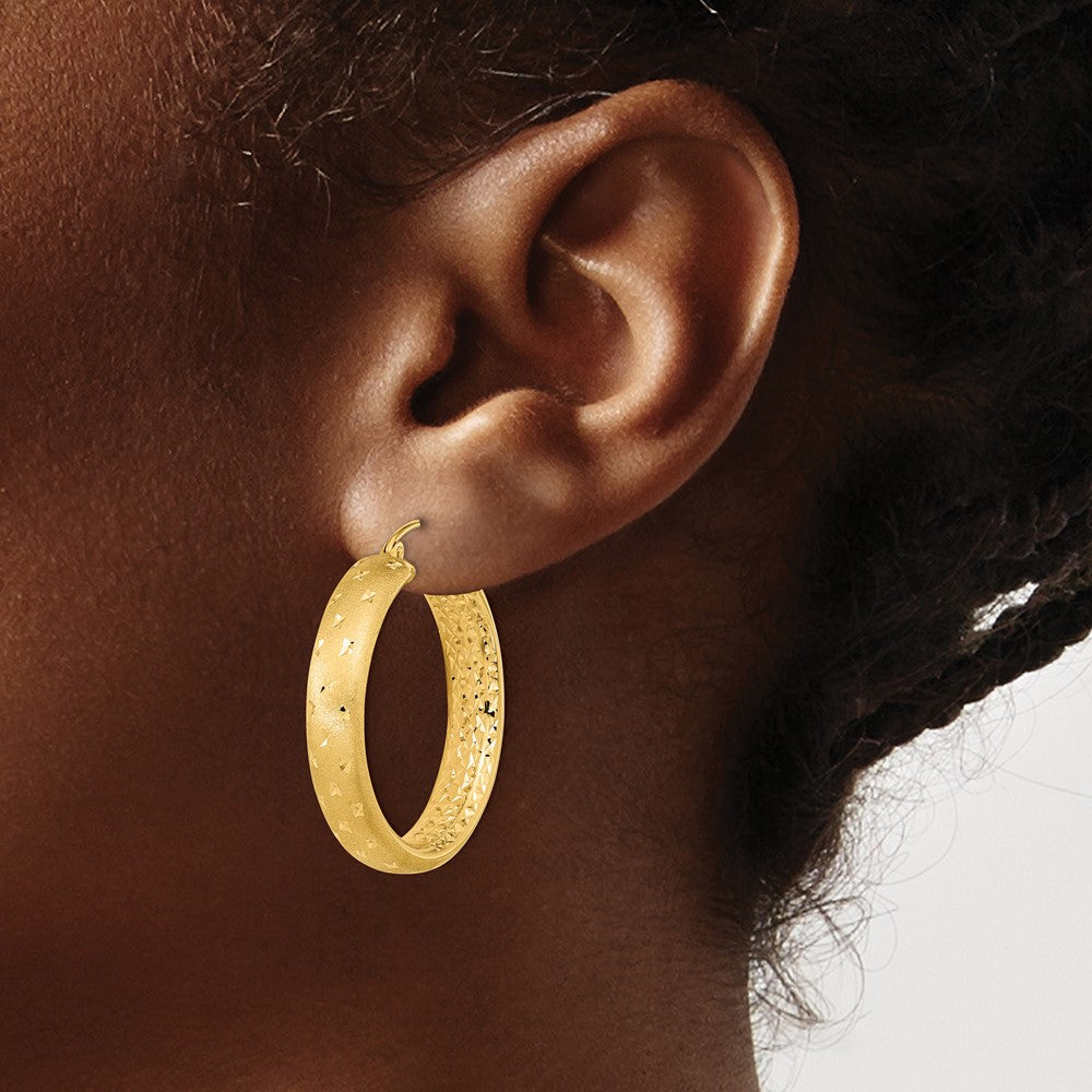 14k Polished Satin and Diamond-cut Hoop Earrings