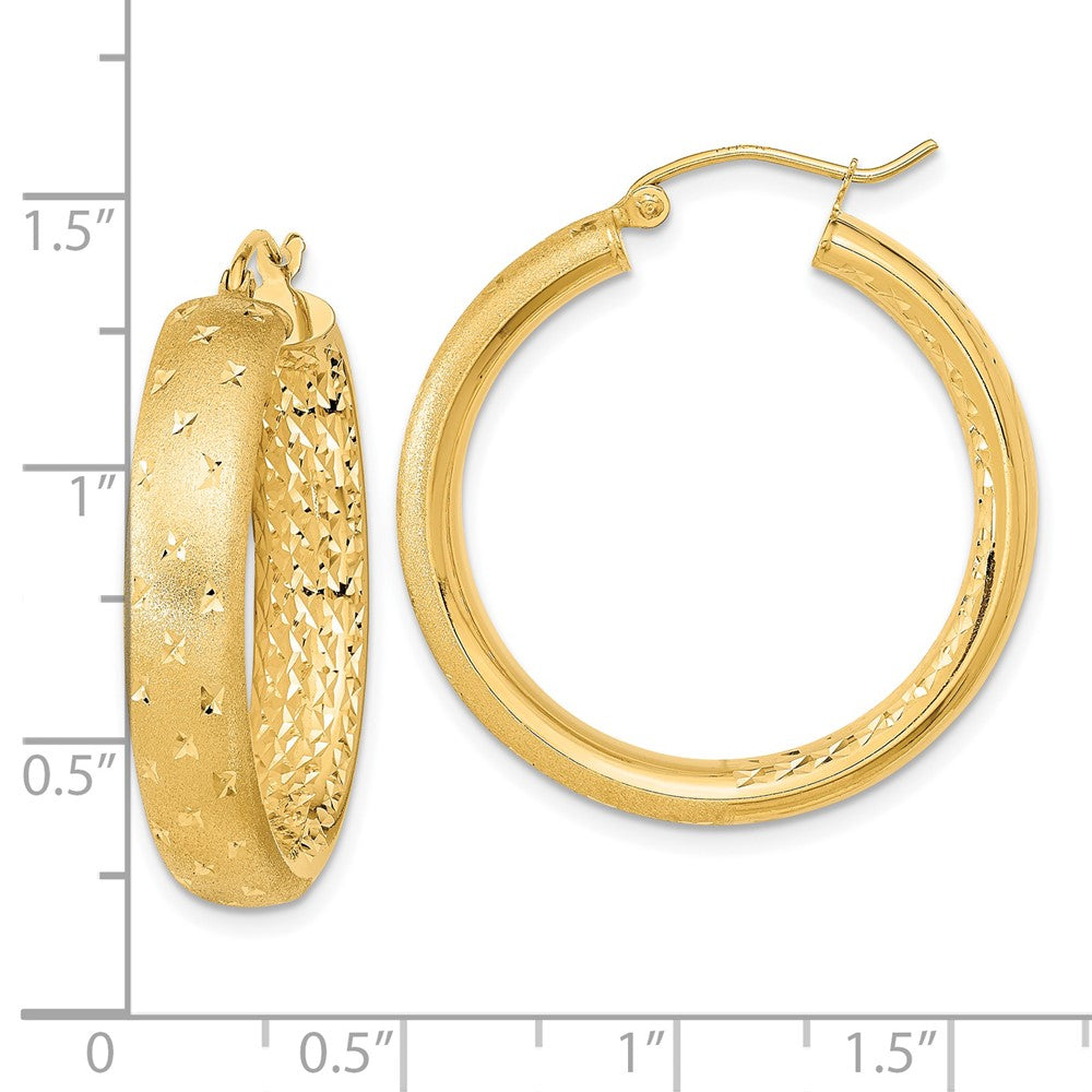 14k Polished Satin and Diamond-cut Hoop Earrings