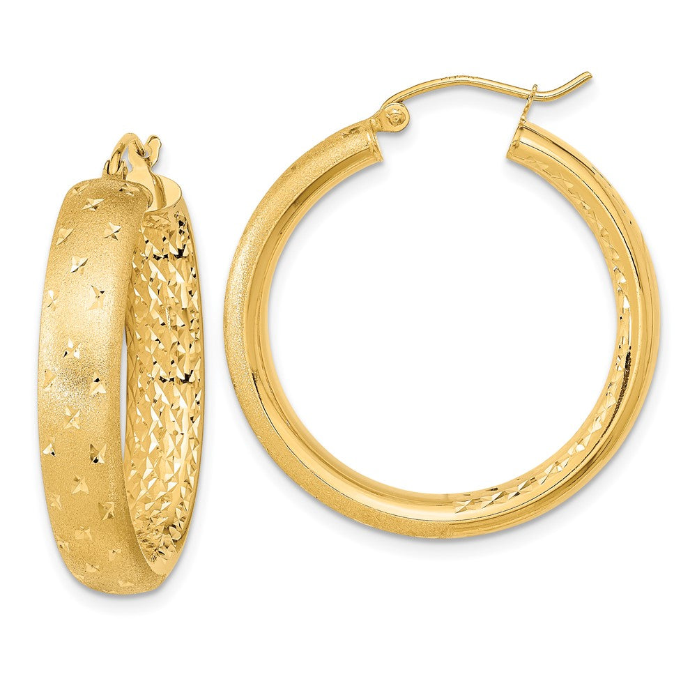 14k Polished Satin and Diamond-cut Hoop Earrings