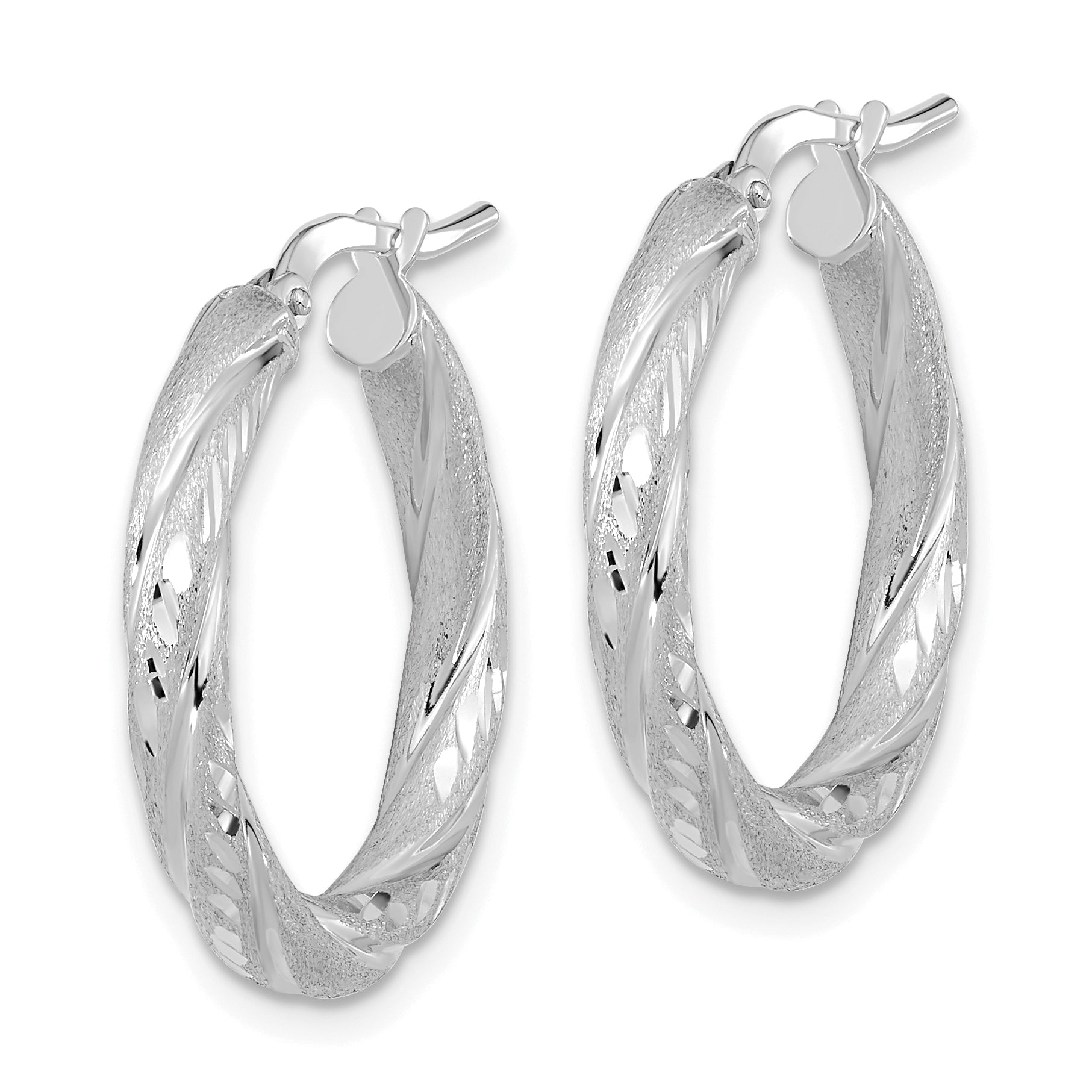 14K White Gold 3Mm Polished & Satin D/C Hoop Earrings