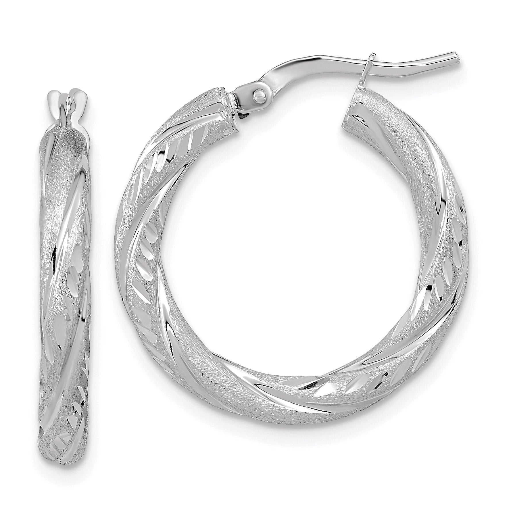 14K White Gold 3Mm Polished & Satin D/C Hoop Earrings