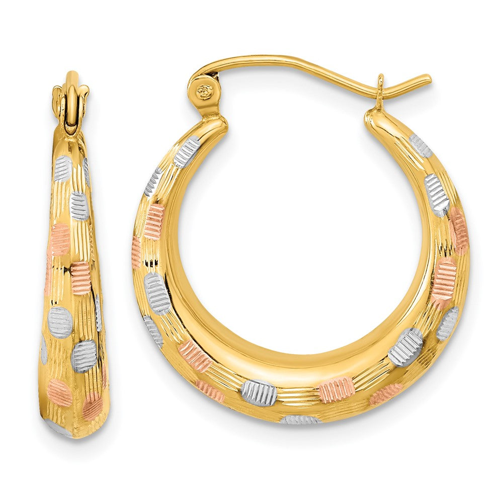 14k White and Rose Rhodium Polished Satin Diamond-cut Hoop Earrings