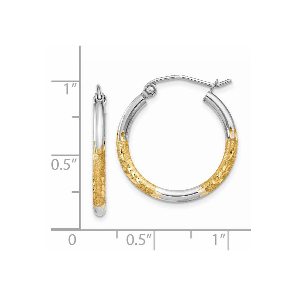 14k w/White Rhodium 2mm Satin and Polished Diamond-cut Hoop Earrings