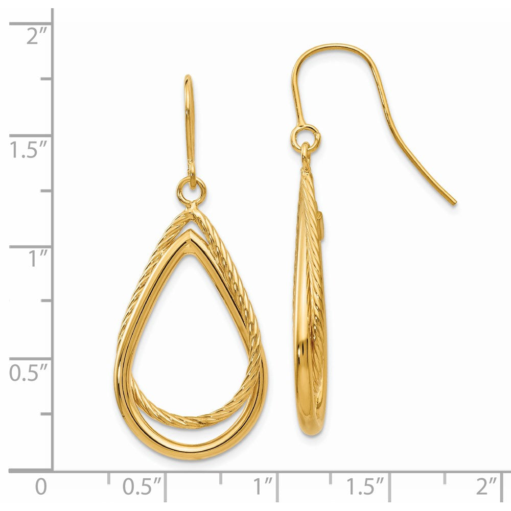 14K Polished and Textured Teardrop Shepherd Hook Earrings